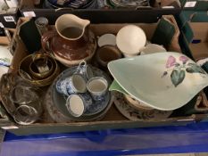 BOX CONTAINING VARIOUS CERAMICS INCLUDING COUNTRY PURSUITS, WATER JUG, ADAMS BLUE AND WHITE COFFEE