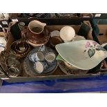 BOX CONTAINING VARIOUS CERAMICS INCLUDING COUNTRY PURSUITS, WATER JUG, ADAMS BLUE AND WHITE COFFEE