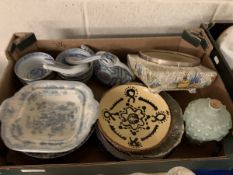 BOX OF VARIOUS CERAMICS INCLUDING SANDLAND, SILVER PLATED RIMMED BOWL, SET OF RICE BOWLS, SPOONS