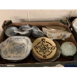 BOX OF VARIOUS CERAMICS INCLUDING SANDLAND, SILVER PLATED RIMMED BOWL, SET OF RICE BOWLS, SPOONS