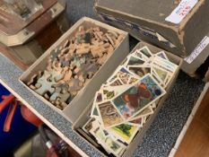 BOX OF TRADE CARDS TOGETHER WITH VINTAGE WOODEN JIGSAW