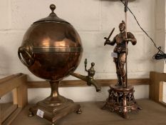 IMPRESSIVE GLOBULAR COPPER SAMOVAR, HEIGHT 46CM TOGETHER WITH A MOULDED BRASS FIGURE OF A KNIGHT