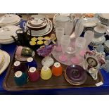 TRAY OF VARIOUS CERAMICS INCLUDING ROYAL ALBERT COLOURED COFFEE CUPS, CROWN DUCAL COFFEE PART SET