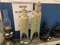 PAIR OF DECORATIVE ORIENTAL WOODEN FIGURES, LARGEST 61CM HIGH