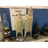 PAIR OF DECORATIVE ORIENTAL WOODEN FIGURES, LARGEST 61CM HIGH