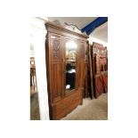 EDWARDIAN SINGLE DOOR WARDROBE WITH DRAWER BENEATH WITH ART NOUVEAU STYLE CARVING INSET PANELS,