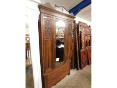 EDWARDIAN SINGLE DOOR WARDROBE WITH DRAWER BENEATH WITH ART NOUVEAU STYLE CARVING INSET PANELS,