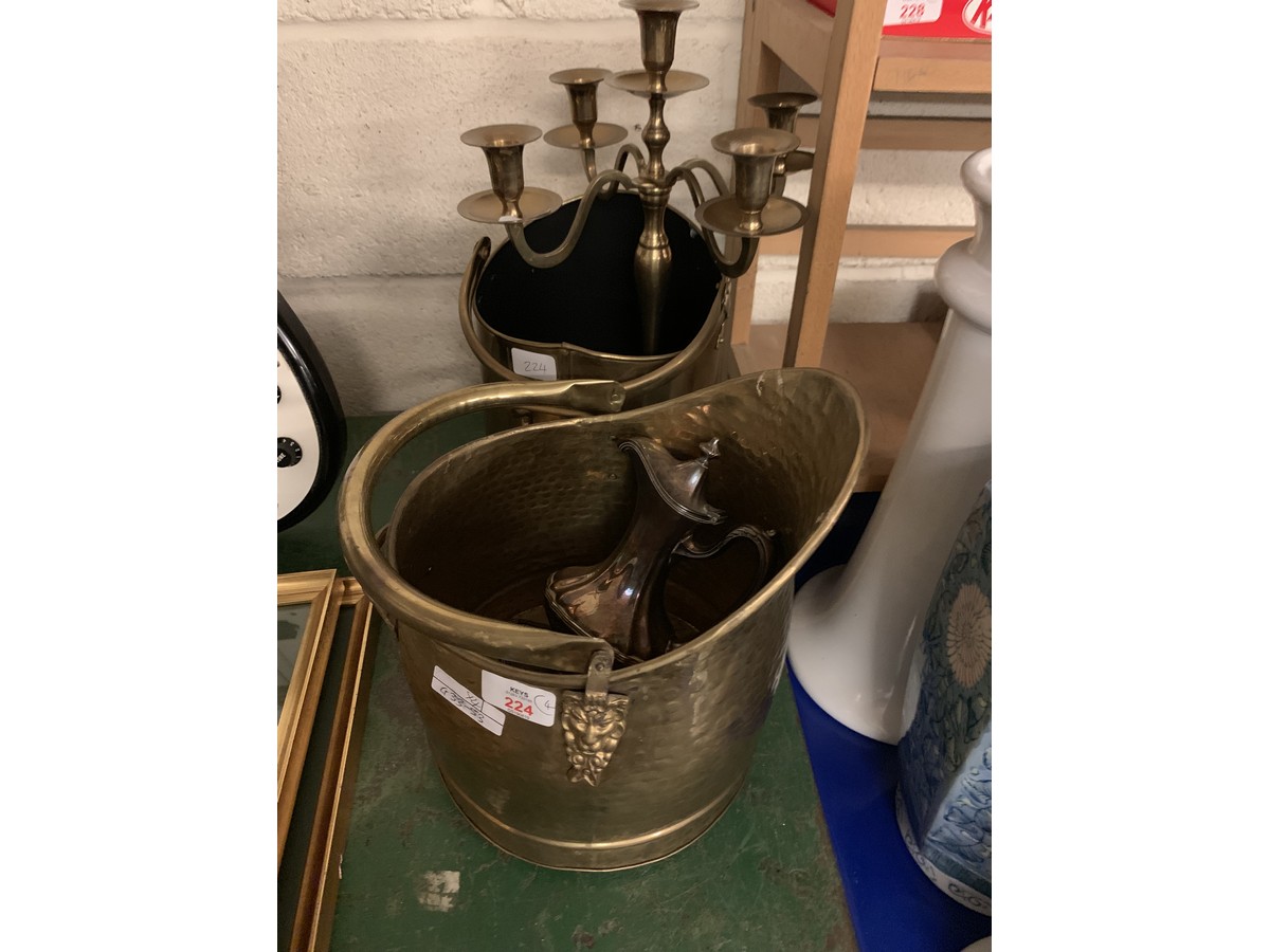 BRASS COAL SCUTTLE TOGETHER WITH A SILVER PLATED LIDDED JUG, CANDELABRA ETC