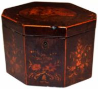 Late 18th/early 19th century Sheraton style tea caddy of octagonal form, lid with an oval painted