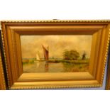 William Marjoram, signed oil on board, Broadland scene, 21 x 36cm