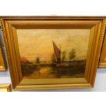 William Marjoram, signed oil on canvas, Broadland view with wherry by a mill, 39 x 49cm