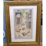 Mogul School, watercolour on mica, Figures on horseback in a town, 24 x 13cm (in Moorish frame)