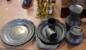 Collection of various pewter including four various circular plates in sizes (some with London touch