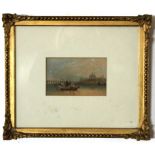 J C, monogrammed watercolour, Italian lakeland scene with figures in a punt, 8 x 13cm