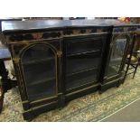 Victorian ebonised credenza of rectangular break front form, front fitted with three glazed doors