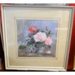 Daphne Nicolson, signed watercolour, "Autumn Roses", 26 x 25cm, together with one further