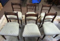 Set of six Regency period mahogany bar back dining chairs, green upholstered seats and ring turned