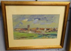 William Henry Ford, signed gouache, Norfolk village, 16 x 28cm