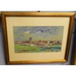 William Henry Ford, signed gouache, Norfolk village, 16 x 28cm