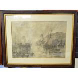 George Sheffield, signed and dated 1891, charcoal drawing, Boats in a harbour entrance, 54 x 79cm