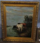 19th century English School oil on canvas, Cattle watering, 59 x 49cm