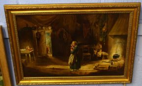 DM, monogrammed and dated 1871, oil on canvas, Kitchen interior with mother and children, 40 x