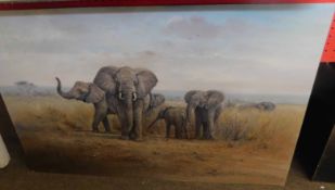John G Mace, signed and dated 89, oil on board, Elephants in a landscape, 61 x 91cm, unframed