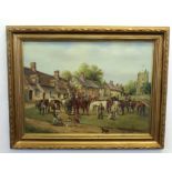 R M Crompton, signed, oil on board, Village scene with horse gathering, 43 x 59cm