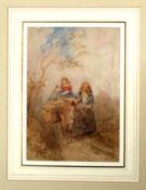 Attributed to William Williams, watercolour, Figure, donkey and young girl in a country lane, 21 x