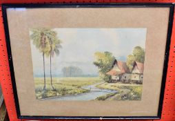 A B Ibrahim, signed gouache, Malaysian landscape, together with two further Malaysian watercolours