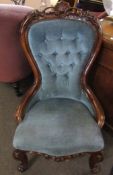 Victorian mahogany ladies chair, hooped back with pierced cresting rail and upholstered in blue