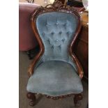 Victorian mahogany ladies chair, hooped back with pierced cresting rail and upholstered in blue