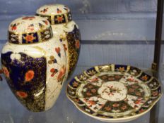 Group of two Royal Crown Derby type ginger jars and covers with a typical Japan Imari style