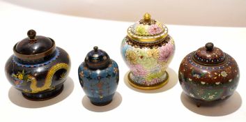 Group of cloisonne jars and covers of oval form with typical decoration, largest 12cm (4)