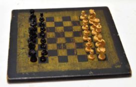 Cased set of turned wood chessmen in Staunton pattern, together with an antique painted wooden chess