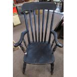 Victorian ebonised slat back solid seat kitchen armchair