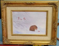 Maureen Parker, signed oil on board, "Winter vole", 11 x 16cm