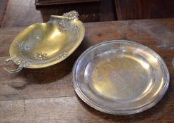Silver plated Art Nouveau style dish and a further circular plated dish, 35cm long x 29cm diam