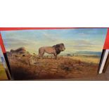 John G Mace, signed and dated 95, oil on board, Lions in extensive landscape, 76 x 123cm, unframed