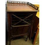 19th century mahogany former music cabinet, fretwork pierced gallery surround over a glazed door