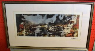 Indistinctly signed and dated 67, pen, ink and watercolour, Estuary, 24 x 62cm