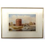 William Frederick Austin, signed pen, ink and watercolour, Cow Tower, Norwich, 26 x 41cm