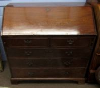 George III period mahogany bureau, fall front and fitted interior, two short and three full width