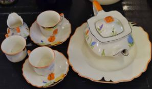 Myott & Sons part tea set comprising tea pot, milk jug, three cups and two saucers with a sandwich