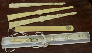 Ivory fan in box and further ivory bookmarks, early 20th century, finely carved in typical fashion