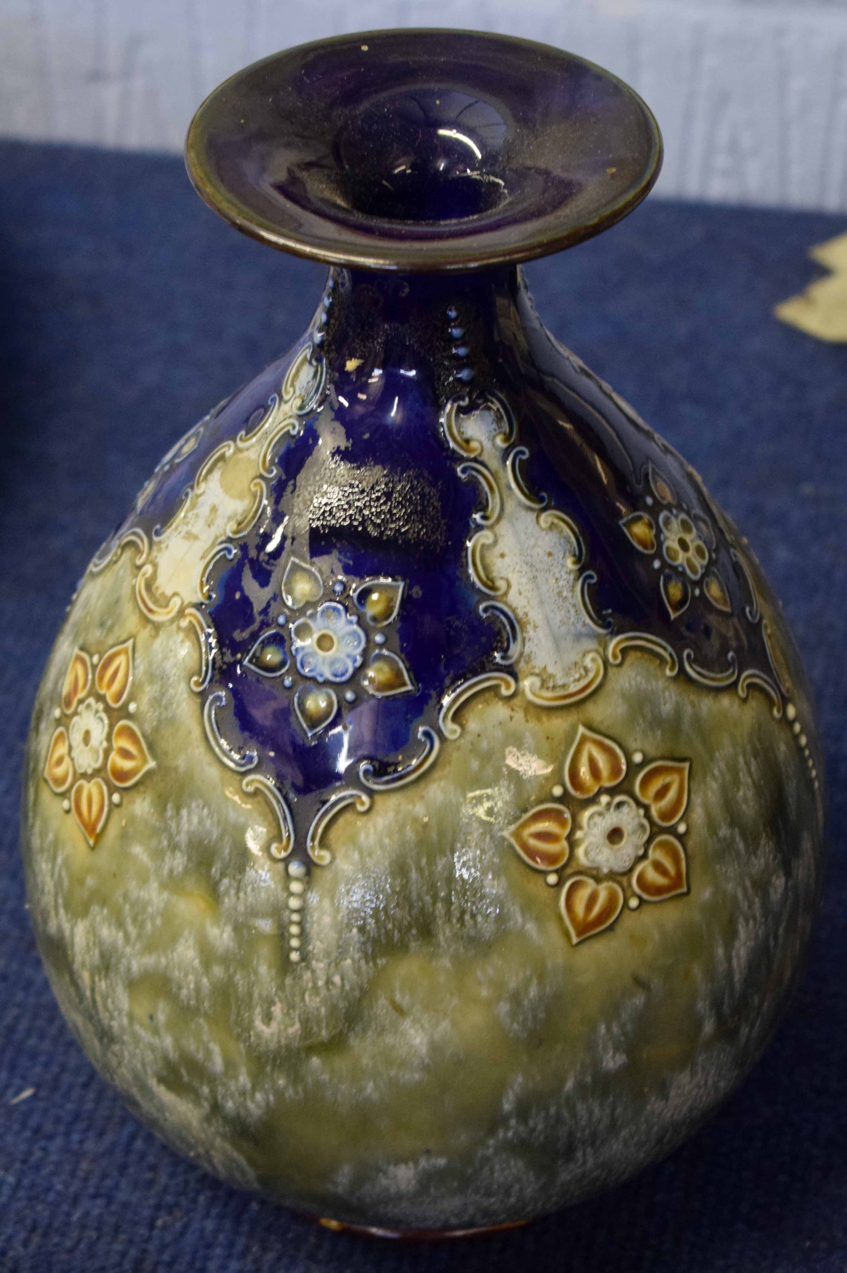 20th century Royal Doulton baluster vase, the green and blue ground with floral decoration, 25cm