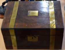 Victorian mahogany writing box with brass strapwork mounts, central vacant name plate, fitted