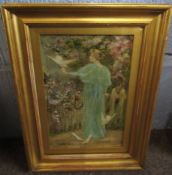 19th century oil over print base, Lady with doves, 21 x 14cm