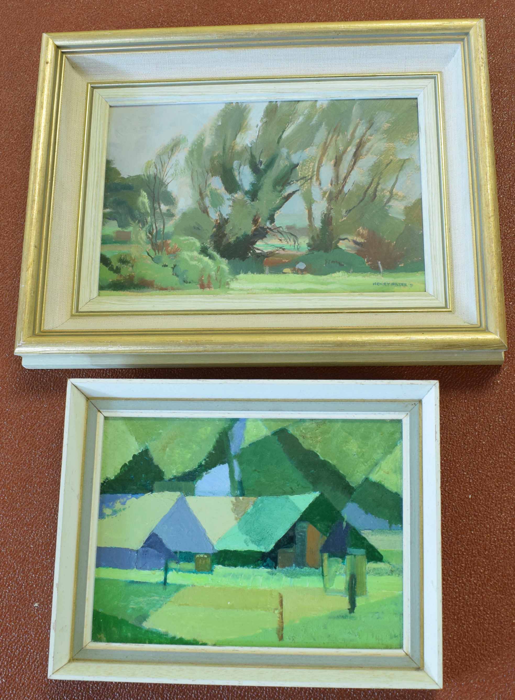 Henry Holzer, signed and dated 71, oil on panel, Garden scene, 15 x 22cm, together with a further