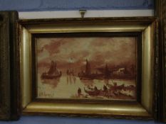 Indistinctly signed oil on canvas, Dutch coastal scene with boats and figures, 23 x 37cm